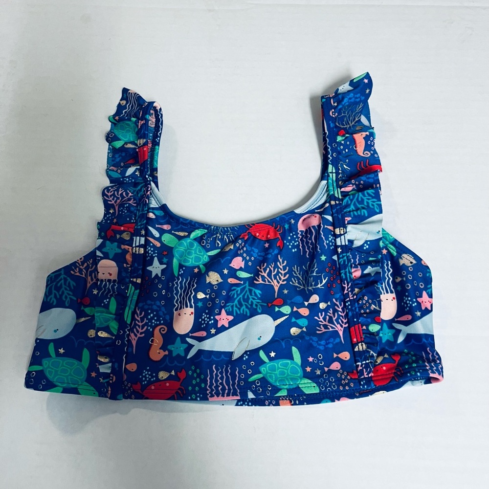 Cat & Jack Girls Blue Bikini with Ocean Print and Ruffles.        SIZE L (10-12) - Picture 3 of 12